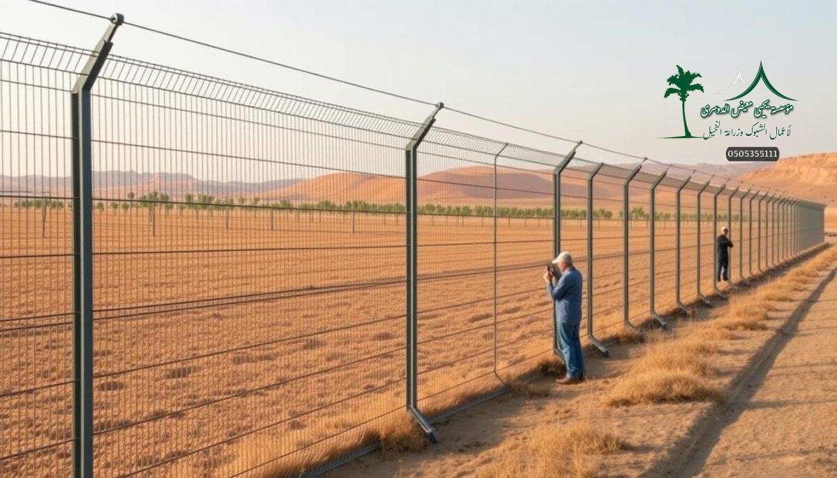 A sleek, high-security electric fence system for a modern Saudi Arabian farm, with a clean, minimalist aesthetic. Elegant metal mesh panels in a neutral palette seamlessly integrated into the landscape, complementing the natural surroundings. Crisp shadows and reflections from warm, directional lighting accentuate the smooth, industrial lines. Skilled workers carefully installing the durable, tamper-resistant barrier, ensuring maximum protection for the valuable crops and livestock within. An impressive blend of form and function, this fence embodies the perfect balance of utility and sophisticated design.