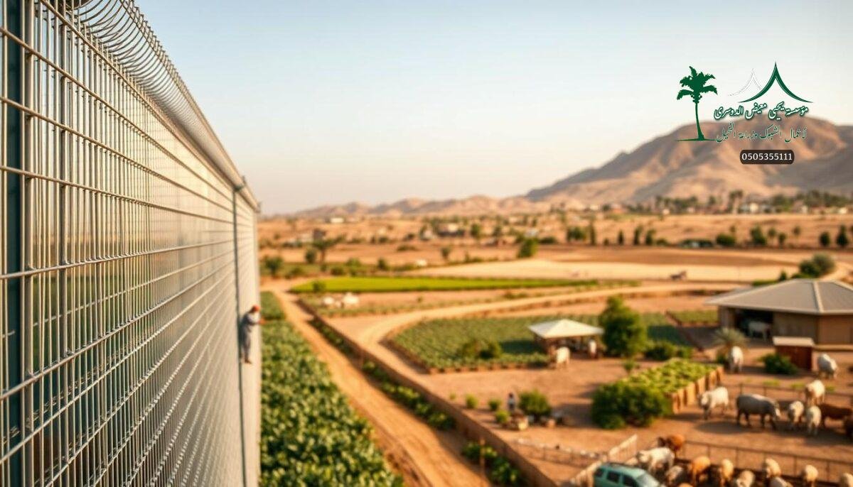 A sleek, robust electric fence grid stands tall, its metallic bars gleaming under the warm Saudi sun. The intricate mesh pattern, expertly crafted, creates an impenetrable barrier, securing the modern farm's perimeter. In the foreground, skilled workers meticulously install the sturdy fencing, their movements fluid and precise. The middle ground showcases the fence's versatility, blending seamlessly with the surrounding lush greenery and rustic buildings. In the distance, the landscape unfolds, revealing the picturesque setting of Khamis Mushait, where this state-of-the-art security solution will safeguard the crops and livestock for years to come. A perfect balance of form and function, this electric fence embodies the cutting-edge design and engineering that will define the future of Saudi Arabian agriculture.