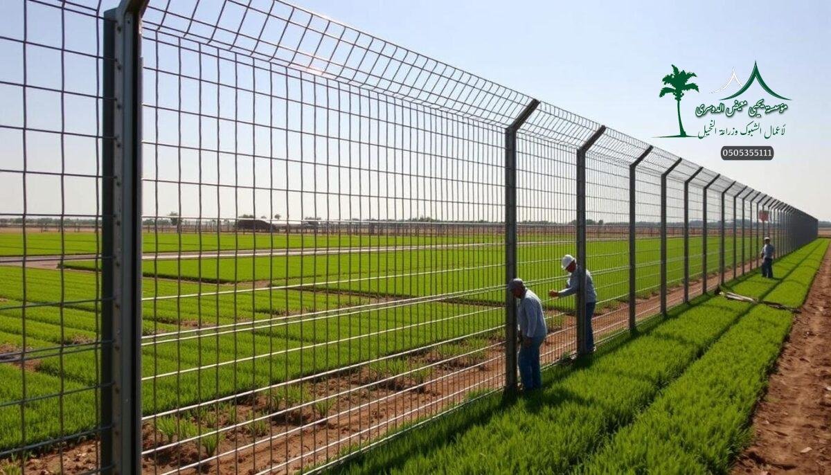 A sleek, robust metal mesh fence stands tall, its intricate woven design exuding a sense of strength and durability. Sunlight glints off the galvanized steel, casting dynamic shadows across the well-manicured farmland backdrop. In the foreground, skilled workers diligently install the fence panels, demonstrating the meticulous attention to detail and craftsmanship that ensures the fence's long-lasting performance and safety. The scene radiates a professional, high-quality atmosphere, capturing the essence of modern, engineered farm security solutions in Saudi Arabia.