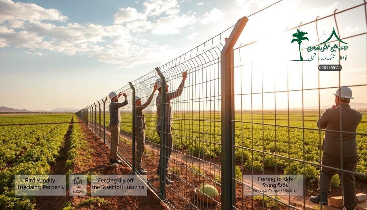 A sprawling agricultural landscape in Qassim, Saudi Arabia, comes to life in 2026. The frame captures the intricate process of installing robust, high-quality metal mesh fences, designed to safeguard farmlands and provide superior security. Skilled workers meticulously assemble the sturdy panels, their movements choreographed against a backdrop of vibrant greenery and sun-dappled skies. The fences, gleaming in the warm light, convey a sense of strength and reliability, perfectly suited to the region's thriving farming community. Details of the fencing systems, including pricing and special offers, are prominently displayed, highlighting the care and attention given to this crucial infrastructure.
