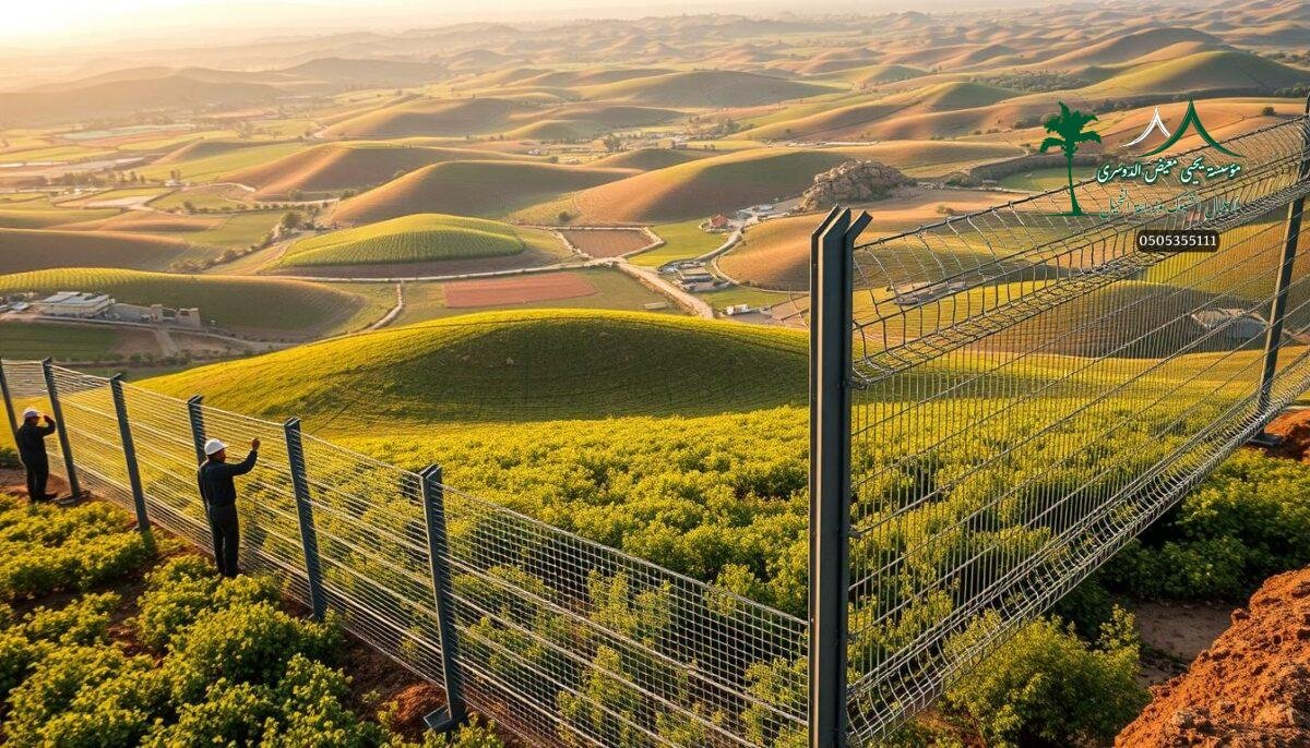 A sprawling agricultural landscape in Unayzah, Saudi Arabia. The foreground showcases a team of skilled workers meticulously installing a sturdy, modern metal mesh fence, their movements precise and coordinated. The middle ground features the fence itself, its sleek metallic design blending seamlessly with the lush, verdant surroundings. In the background, rolling hills dotted with thriving farms create a picturesque pastoral scene, emphasizing the importance of these reliable security fences in protecting the region's valuable agricultural assets. Warm, natural lighting casts a soft, golden glow over the entire composition, evoking a sense of harmony between human ingenuity and the natural environment.