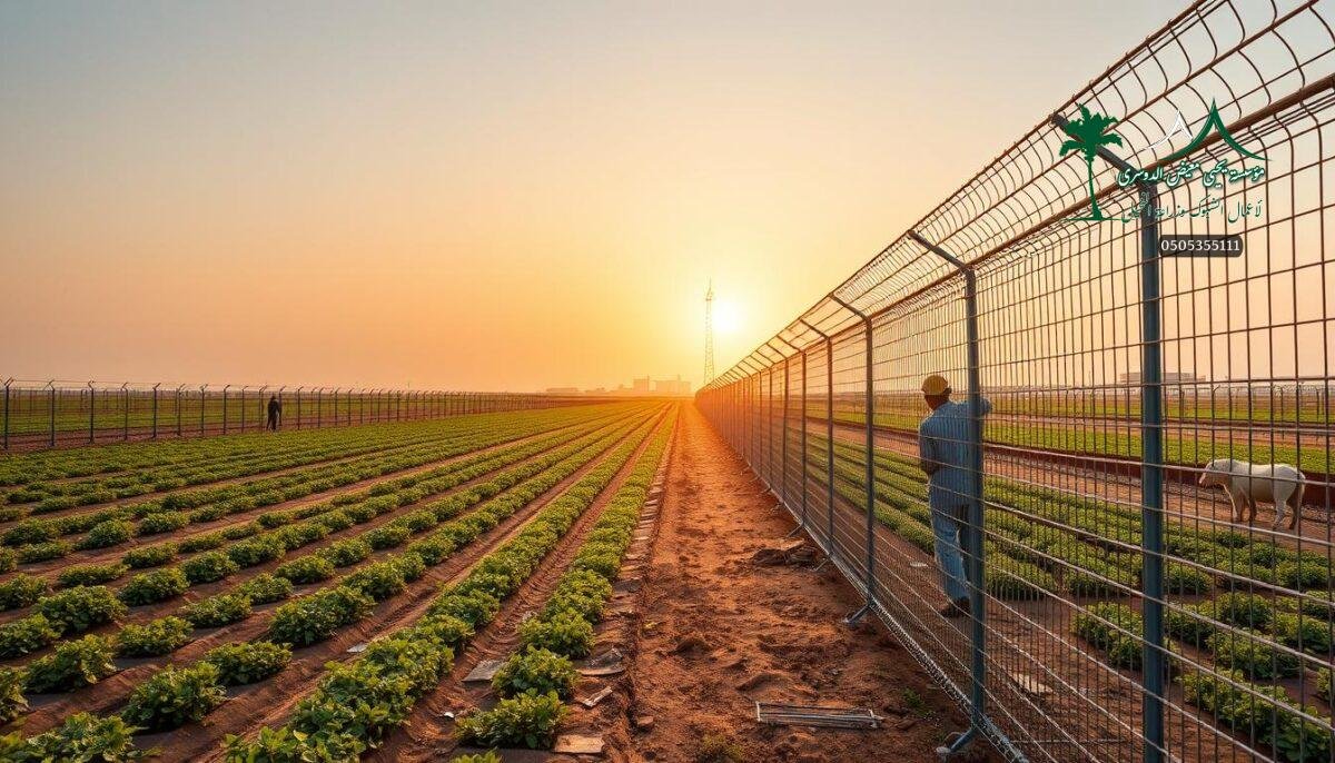 A sprawling expanse of a modern Saudi Arabian farm, where rows of sturdy, metallic security fences stand guard. The sun casts a warm glow, illuminating the intricate mesh panels and the skilled workers meticulously installing them. The fences are built to withstand the elements, providing maximum protection for the valuable crops and livestock within. Sleek, contemporary lines and a robust, industrial aesthetic imbue the scene with a sense of efficiency and reliability. The overall composition conveys a harmonious blend of functional design and environmental integration, capturing the essence of the "المواد المستخدمة في تنفيذ الشبوك في الرس".