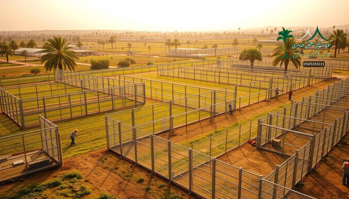 A sprawling expanse of a modern farm in Khamis Mushait, Saudi Arabia, showcasing an array of sturdy, meticulously designed security and sports fences. The foreground depicts skilled workers expertly installing sleek, heavy-duty metal mesh panels, while the middle ground features a diverse selection of fence types, each with its own unique characteristics. The background is a lush, verdant landscape dotted with towering palm trees, creating a harmonious blend of the industrial and the natural. The scene is illuminated by warm, golden sunlight, casting a welcoming glow over the entire composition. The mood is one of productivity, efficiency, and a commitment to practical yet aesthetically pleasing solutions for the farm's security and recreational needs.