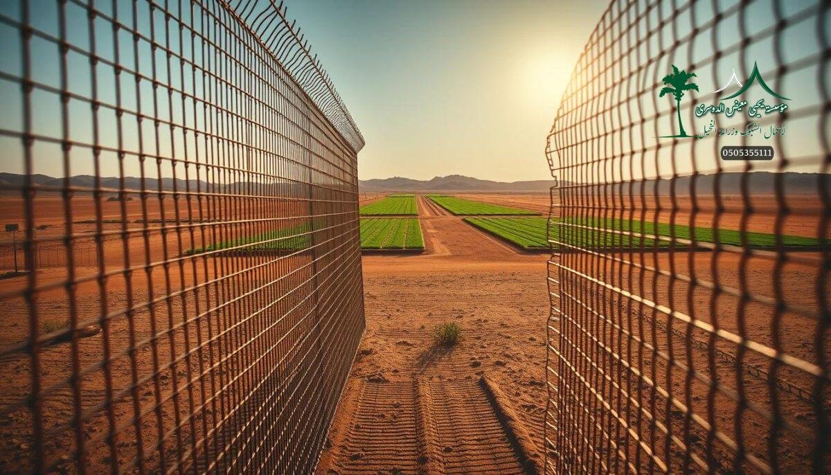 A sprawling expanse of metal mesh fences, their sleek lines and intricate patterns casting playful shadows across the arid Saudi Arabian landscape. Weathered hands skillfully weave the sturdy material, crafting a tapestry of protection that blends seamlessly with the rugged terrain. In the distance, a modern farm unfolds, its verdant fields guarded by the stalwart fence, a testament to the region's commitment to security and resilience. Warm sunlight bathes the scene, casting a golden glow that accentuates the industrial yet elegant aesthetic of the fencing solutions on display for the year 2026.