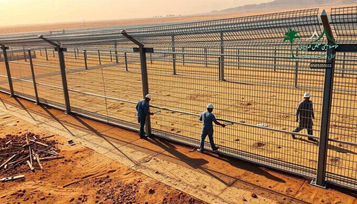 A sprawling expanse of metal mesh fencing, its sleek industrial lines stretching across a sun-drenched Saudi Arabian landscape. Skilled workers expertly installing the robust panels, ensuring a sturdy, secure perimeter that will stand the test of time. Elegant steel posts and crossbeams, precisely aligned, cast dramatic shadows that dance across the ground. The scene exudes an air of meticulous craftsmanship and uncompromising quality, a testament to the enduring strength and longevity of this modern farm, security, and sports fencing solution. Warm hues of golden light bathe the scene, imbuing it with a sense of timeless durability and unwavering protection.
