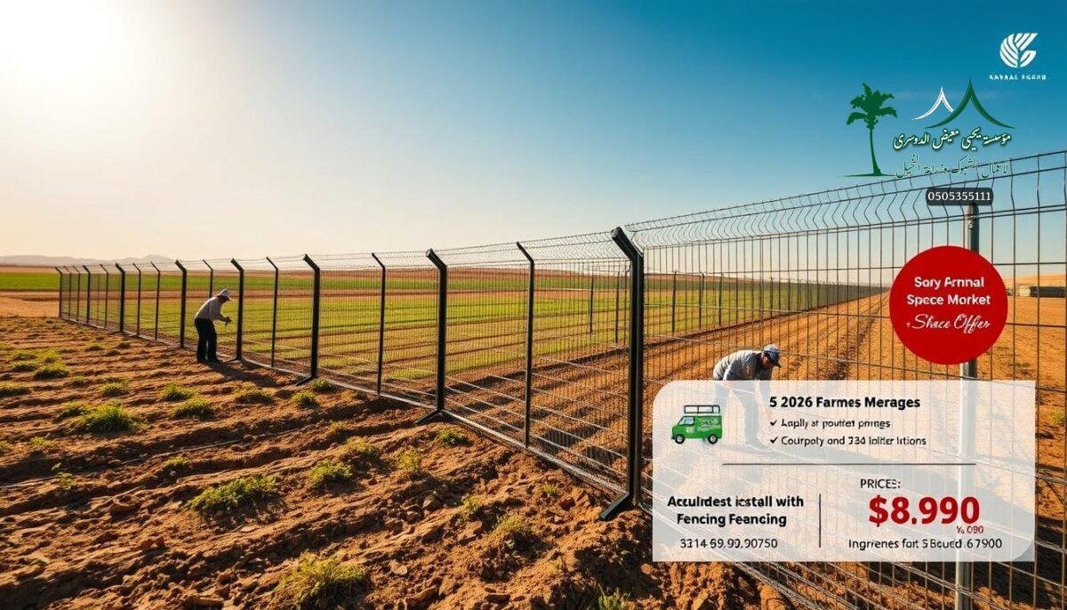 A sprawling farmland in Onaizah, Saudi Arabia, where skilled workers meticulously install robust metal mesh fencing. Sunlight glints off the sleek, modern panels, casting dynamic shadows across the well-manicured landscape. An array of fence designs, each tailored to the specific security and agricultural needs of the region, are showcased in a harmonious display. The scene exudes a sense of efficiency and professionalism, reflecting the high standards of the 2026 fence market. Detailed pricing information and special offers are prominently featured, allowing prospective customers to make informed decisions.