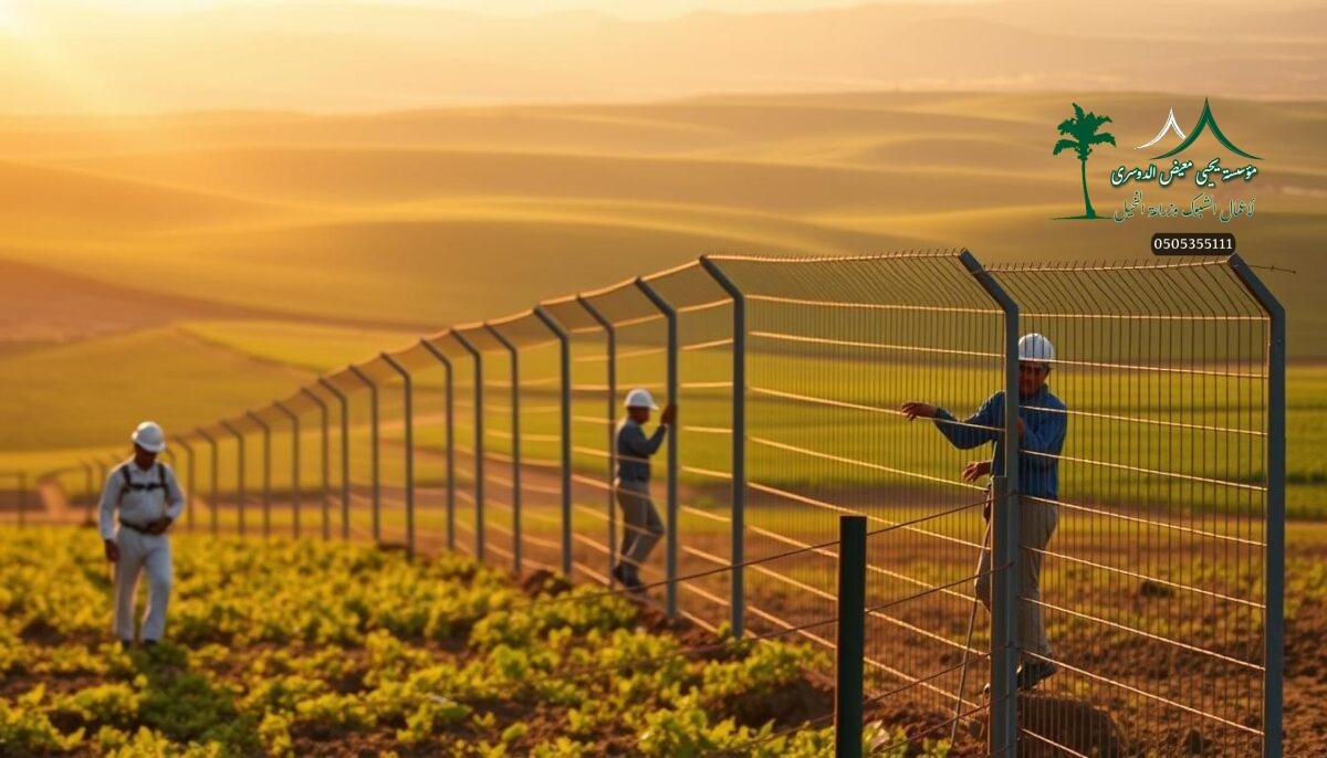A sprawling farmscape in the Jouf region of Saudi Arabia, where a team of skilled workers carefully installs sleek, high-quality security and sports fences made of durable metal mesh. The fences seamlessly blend function and form, creating a secure perimeter around the expansive fields while maintaining an aesthetic that complements the modern, rural setting. Warm, golden sunlight filters through the mesh, casting a soft glow across the scene. In the foreground, the workers methodically secure the fencing, their movements precise and efficient. In the middle ground, the metal mesh rises up, forming a sturdy barrier that protects the valuable crops and livestock within. The background showcases the verdant, rolling landscape of the Jouf, a testament to the region's agricultural prowess.
