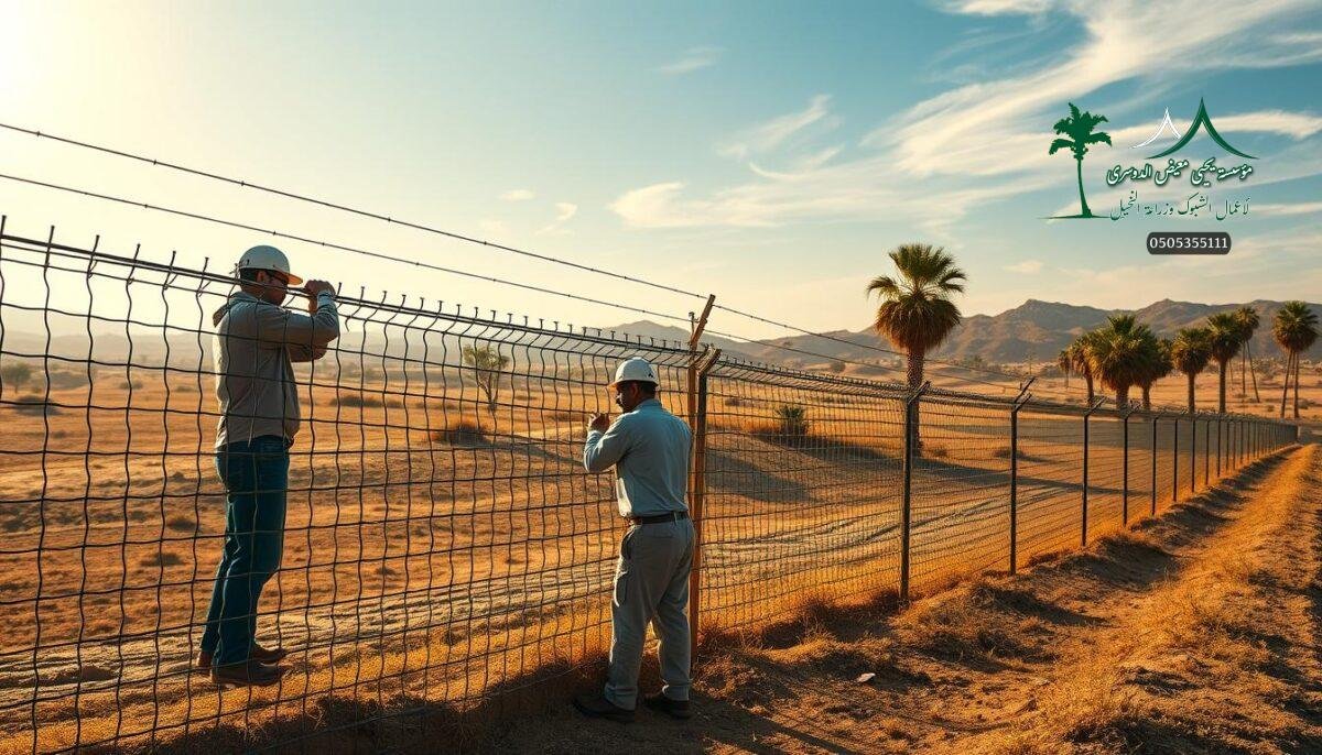 A sprawling farmstead nestled in the Saudi Arabian countryside. In the foreground, two skilled laborers meticulously install a sturdy metal mesh fence, securing the perimeter with practiced efficiency. The fence's intricate lattice pattern casts dynamic shadows, hinting at the robust construction. In the middle ground, the fence stretches across gently undulating terrain, blending seamlessly with the rugged landscape. Towering date palms sway in the warm breeze, creating a tranquil, pastoral atmosphere. Warm, golden sunlight filters through wispy clouds, illuminating the scene with a soft, natural glow. The overall impression conveys the fence's exceptional durability and long-lasting performance, perfectly suited for the demands of modern Saudi Arabian agriculture.