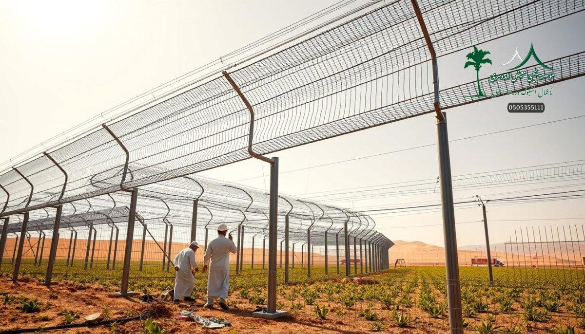 A sprawling, high-tension electric fence towers over a modern, sun-drenched Saudi Arabian farm. Thick metal mesh panels intertwine, forming an impenetrable barrier against intruders. Sleek, galvanized steel posts stand tall, their surfaces gleaming in the warm desert light. In the foreground, a team of skilled workers carefully install the robust fencing system, ensuring maximum security and protection for the valuable crops within. The scene exudes a sense of unwavering vigilance, with the electric fence serving as a formidable deterrent against any potential threats. This state-of-the-art security solution, engineered to withstand the region's intense heat and weather conditions, is a testament to the farm's commitment to safeguarding its valuable assets.