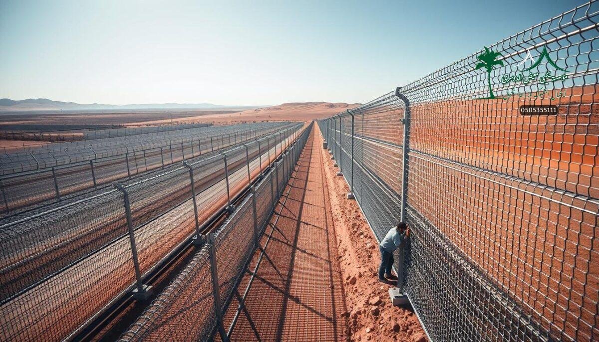 A sprawling landscape of modern security fences emerges, their intricate metal mesh patterns casting dynamic shadows across the rolling terrain. In the foreground, skilled workers meticulously install the robust, corrosion-resistant barriers, their actions captured in a cinematic, almost choreographed manner. The middle ground reveals the expansive scale of the project, with rows of fencing stretching towards the horizon, punctuated by the occasional sturdy support post. In the background, the arid Saudi Arabian countryside provides a rugged, earthy backdrop, the warm hues of the soil complementing the gleaming silver of the fencing. Crisp, directional lighting illuminates the scene, creating a sense of depth and emphasizing the craftsmanship and precision of the installation process. This image conveys the comprehensive security and innovative solutions being implemented in the شبوك حماية عرعر 2026 project.