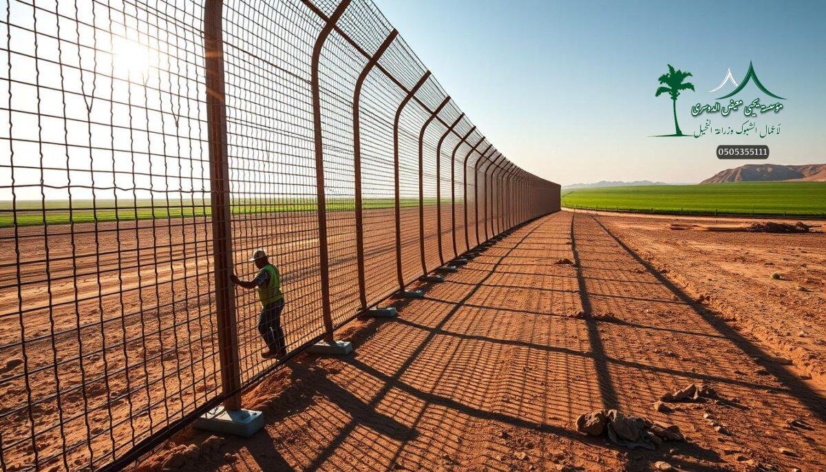 A sprawling metal mesh fence stretches across a rugged Saudi Arabian landscape, its sturdy frame standing tall against the elements. Workers carefully install the intricate lattice, crafting a secure barrier that blends seamlessly with the surrounding terrain. The fence, designed to withstand the region's harsh weather, casts soft shadows that dance across the ground, creating a sense of depth and movement. Sunlight filters through the openings, casting a warm, golden glow that illuminates the scene. In the distance, a lush, verdant field contrasts with the industrial nature of the security fence, hinting at the dual purpose of these structures - to protect and to blend harmoniously with the natural environment.