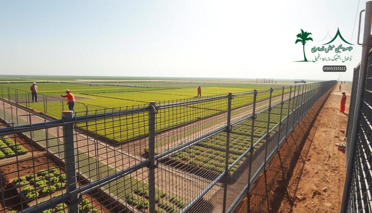 A sprawling modern farm in Khamis Mushait, Saudi Arabia, where teams of skilled workers expertly install sturdy metal mesh fencing along the perimeter. The scene captures the dynamic process, with workers in bright safety gear carefully securing the robust panels in place, creating a secure and visually appealing barrier. Sunlight filters through the intricate lattice, casting dynamic shadows across the well-tended fields and lush greenery beyond. The careful attention to detail and engineering is evident, reflecting the high standards of the Yahya Muayyid Al-Dosari Establishment responsible for this impressive project.