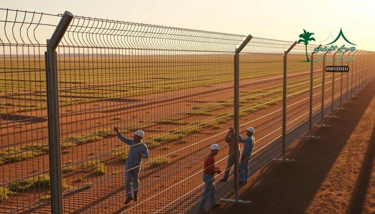 A sprawling modern farm in Saudi Arabia, its perimeter secured by a sturdy wire mesh fence. The fence, known as "Shabak Hemaya," stands tall, its metallic strands interlocking to form a formidable barrier against intruders. Strategically placed steel posts anchor the mesh, creating a sleek and angular silhouette that commands attention. Sunlight glints off the metal, casting dynamic shadows that accentuate the fence's sturdy construction. In the foreground, a team of workers carefully installs the mesh, their movements precise and coordinated, ensuring the security system's long-term durability and performance.
