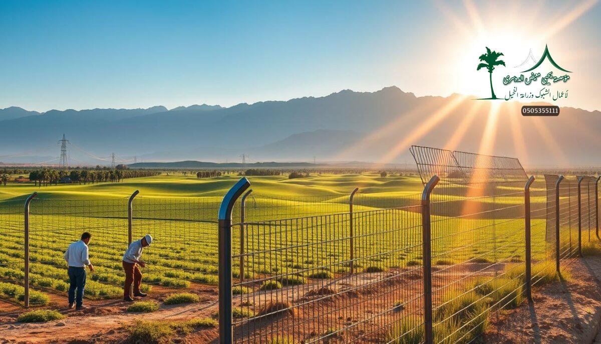 A sprawling modern farm in Taif, Saudi Arabia, adorned with a striking array of metal mesh fences. In the foreground, workers carefully install the robust, interlocking wire panels, creating a secure perimeter. The fence's sleek, industrial design contrasts with the lush greenery and rolling hills in the middle ground. Shafts of warm, golden light filter through the mesh, casting a soft glow on the scene. In the background, the iconic Taif mountains rise up, their rugged peaks providing a majestic backdrop to this practical yet aesthetically-pleasing security solution for the region's agricultural needs.