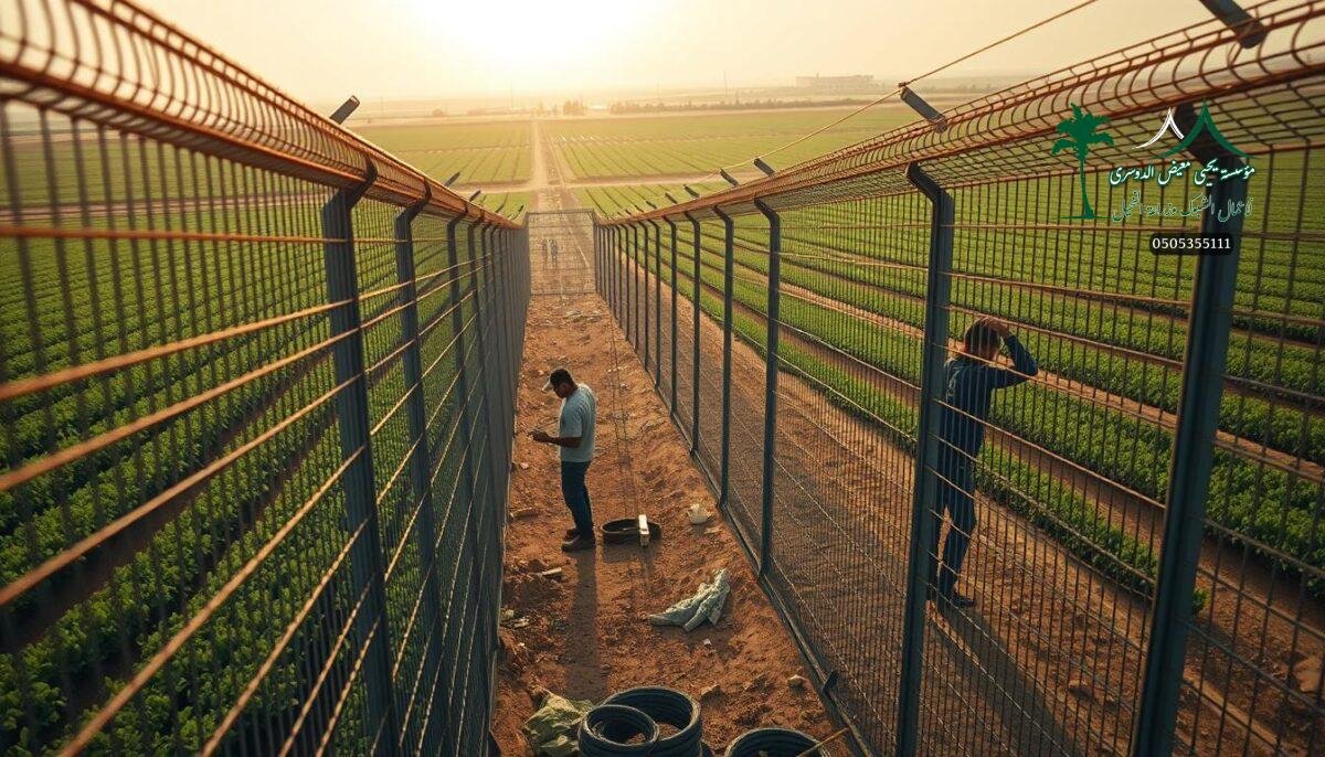 A sprawling modern farm in the heart of Qassim, Saudi Arabia. Sturdy metal mesh fences line the fields, providing a robust and secure barrier to protect the valuable crops. In the foreground, skilled workers meticulously install the fencing, their movements captured in a dynamic, cinéma vérité-style composition. The midground showcases the lush, verdant farmland, while the background features the warm, golden hues of the Saudi Arabian sun, casting a soft, diffused glow over the entire scene. The overall atmosphere conveys a sense of industrious productivity, with a touch of artistry in the carefully crafted fencing system.