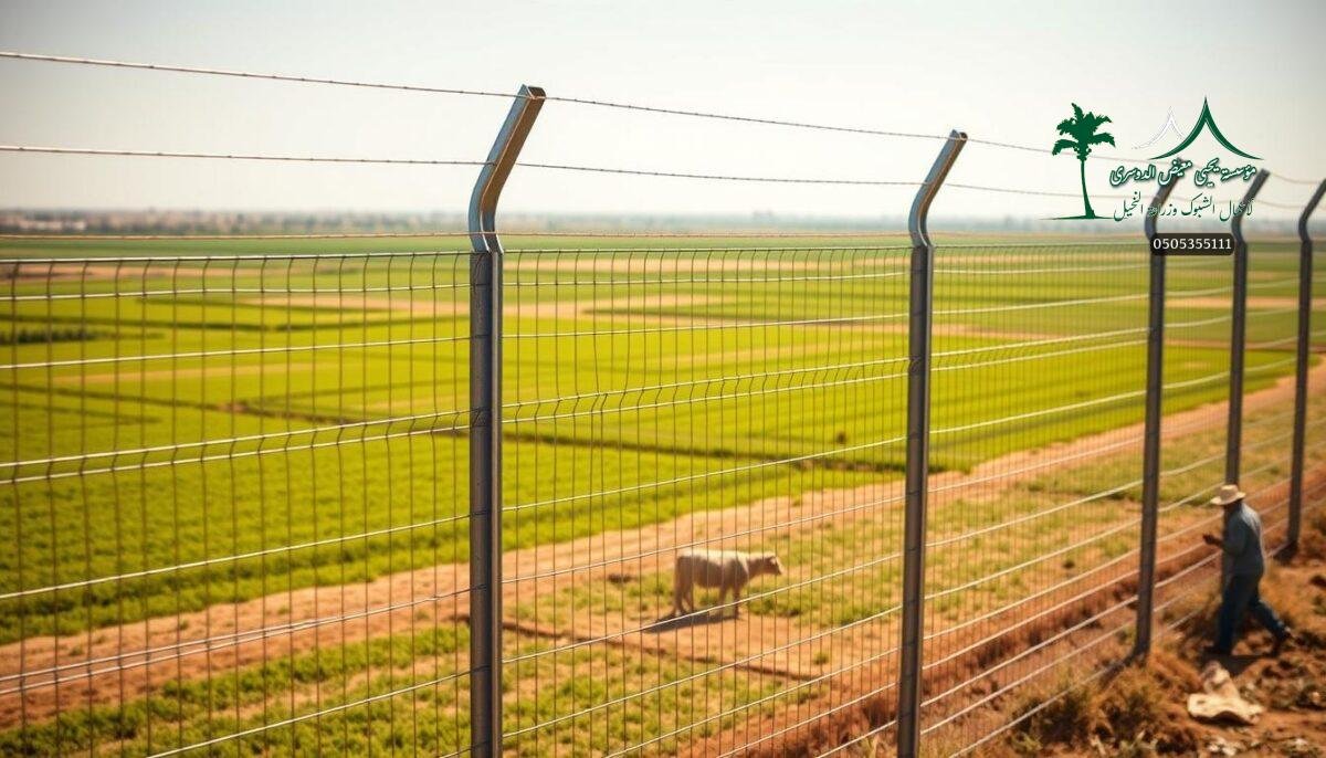 A sprawling modern farm in the heart of Saudi Arabia, its verdant fields enclosed by a sturdy metal mesh fence. Tall, galvanized steel posts support tightly woven wire panels, creating a secure perimeter that keeps livestock and intruders at bay. The fence glimmers in the warm sunlight, its sleek design blending seamlessly with the rural landscape. In the foreground, hardworking farmhands skillfully install the fence, their movements precise and efficient. The scene conveys a sense of security, order, and the reliable protection of valuable agricultural assets. This is a high-quality, versatile fencing solution, ideal for securing both small farms and large-scale commercial operations.