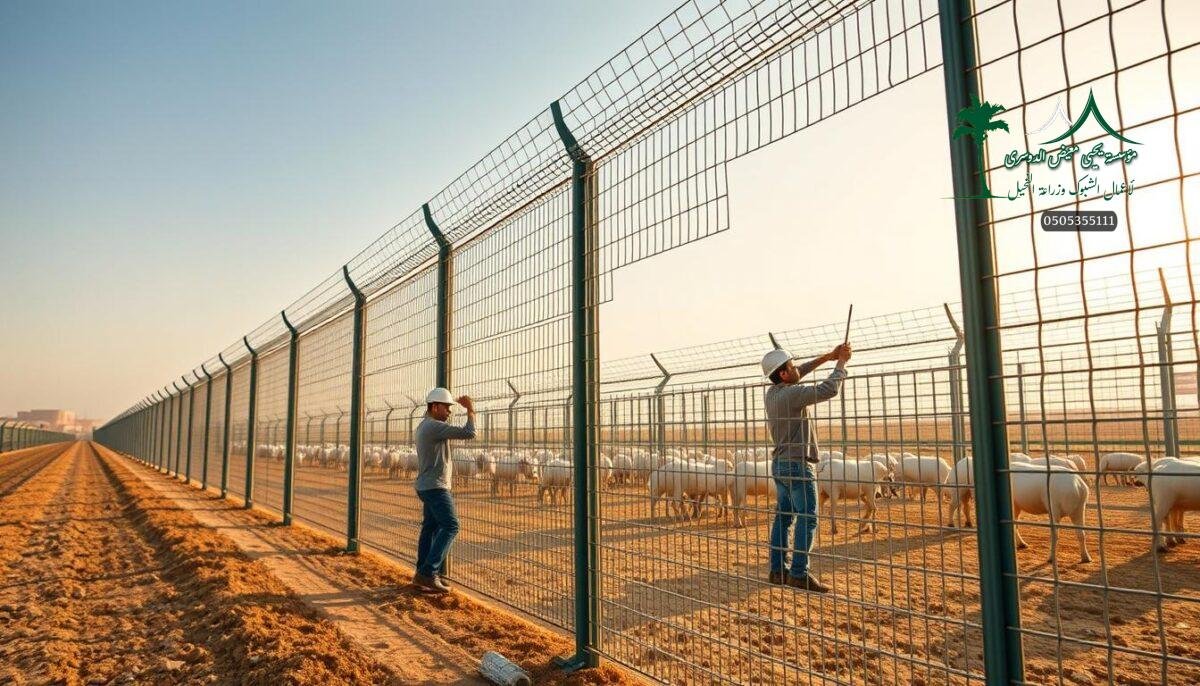 A sprawling modern farm in the heart of Saudi Arabia, meticulously designed security fences stand tall, their intricate metal mesh patterns glistening in the warm afternoon sun. Skilled workers carefully install the sturdy panels, ensuring the highest standards of protection and longevity. The fences seamlessly blend form and function, creating an aesthetically pleasing yet highly durable barrier that will withstand the test of time. Captured from a low angle, the scene conveys a sense of strength, reliability, and unwavering performance - the perfect visual representation of the exceptional quality and value offered by these state-of-the-art farm fencing solutions.
