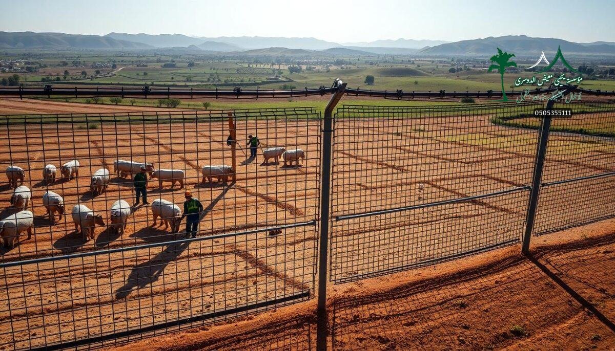A sprawling modern farm in the heart of Saudi Arabia, with a team of skilled workers meticulously installing a robust metal mesh fence system. The fence, known as "شبوك حماية," serves as a sturdy barrier, providing reliable security and protection for the valuable livestock and crops. Sunlight filters through the intricate lattice, casting a warm glow across the meticulously maintained grounds. The fence's sleek, industrial design blends seamlessly with the rural landscape, offering a harmonious balance of function and form. In the distance, rolling hills and lush greenery provide a picturesque backdrop, showcasing the beauty and importance of this essential agricultural infrastructure.