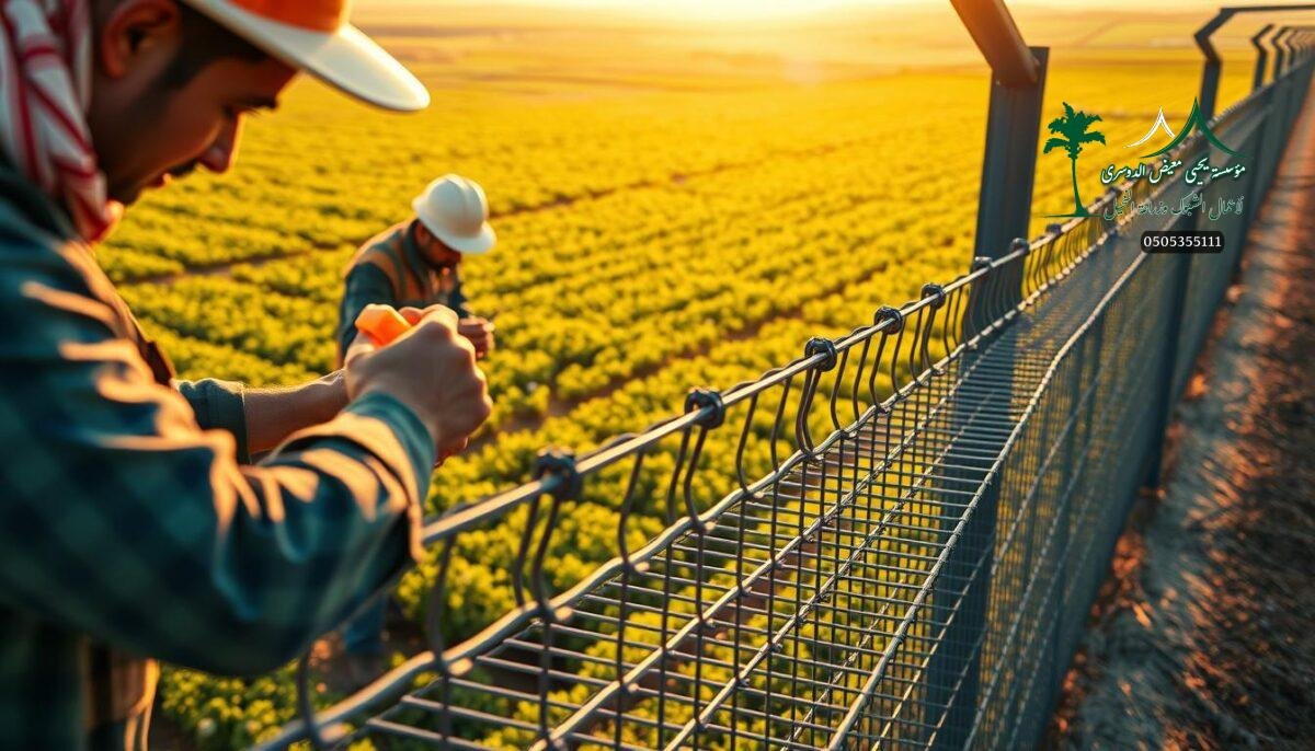 A sprawling modern farm landscape in Saudi Arabia, workers meticulously installing sturdy metal mesh fencing with precision and care. The foreground showcases the intricate process, capturing the workers' focused expressions as they secure the robust iron strands. In the middle ground, the fence stretches out, its geometric patterns casting dynamic shadows across the lush, verdant fields. The background reveals the expansive farmland, bathed in warm, golden sunlight that accentuates the fence's sleek, industrial lines. The scene exudes a sense of reliability, durability, and the unwavering commitment to quality and longevity that defines the farm's fencing solutions.