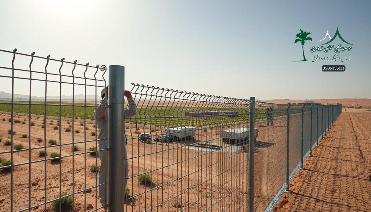 A sprawling modern farm nestled in the arid landscape of Saudi Arabia. Skilled workers meticulously install sturdy metal mesh fencing, crafting a robust security perimeter to safeguard the valuable crops. Sunlight glints off the galvanized steel as the intricate grid takes shape, creating an impression of precision and longevity. In the foreground, the fencing stands tall, its clean lines and subtle textures conveying a sense of quality and durability. The middle ground reveals the broader context, with farm buildings and equipment visible in the distance, all protected by the reliable barrier. A cloudless sky stretches overhead, emphasizing the clear, crisp atmosphere that will ensure the fencing's long-lasting performance.
