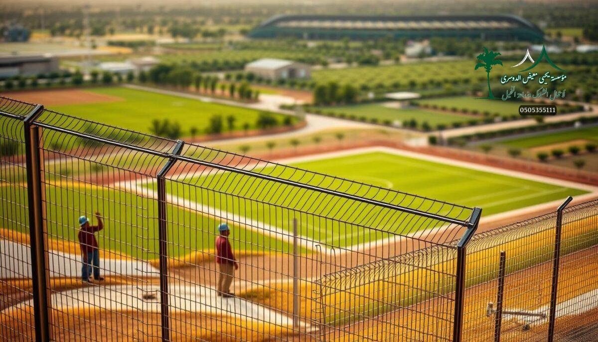 A sprawling modern farm nestled in the heart of Jeddah, Saudi Arabia. In the foreground, a team of skilled workers meticulously install a sleek, metal mesh fence, its intricate design exuding both strength and elegance. Midground, the fence seamlessly transitions into a well-manicured sports field, its perimeter lined with a sturdy, yet aesthetically pleasing security barrier. In the background, the vibrant greenery of the farm creates a lush, verdant backdrop, complementing the modern, industrial feel of the fencing. Warm, diffused lighting casts a gentle glow, highlighting the precision and craftsmanship of the installation. The scene conveys a harmonious balance between functionality and design, showcasing the engineering prowess of the Yahya Mu'ayyad Al-Dossary Foundation's projects in Jeddah.