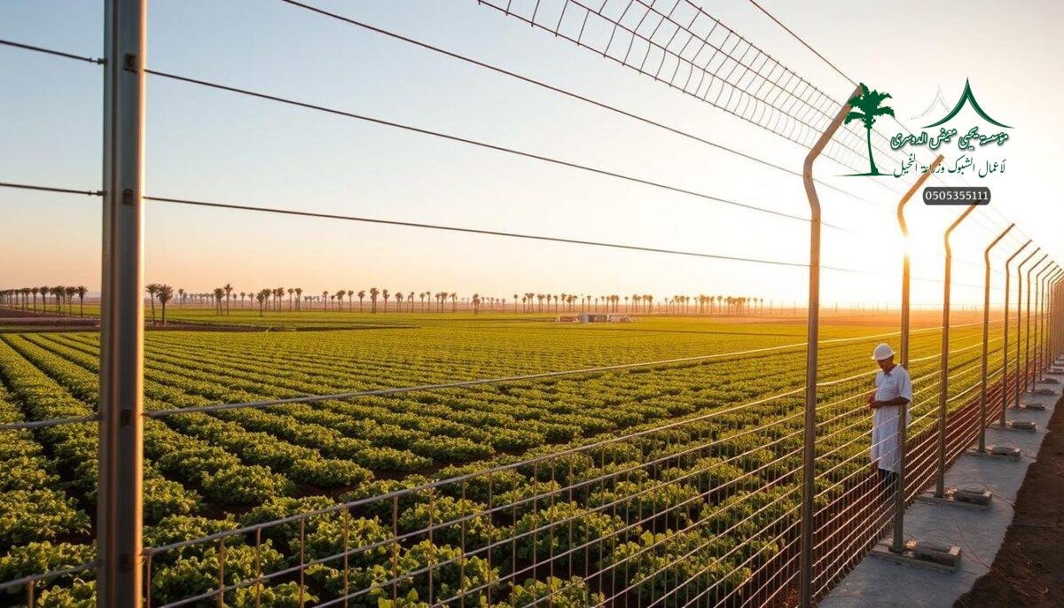 A sprawling modern farm nestled in the heart of Saudi Arabia, its perimeter adorned with sturdy, expertly-crafted metal mesh fencing. Sleek steel posts stand tall, supporting a grid of interlocking wires that shimmer in the warm, golden sunlight. In the foreground, skilled technicians meticulously install the security barrier, their movements precise and efficient, ensuring a secure and durable boundary for the thriving agricultural venture. The mid-ground reveals a panoramic vista of lush greenery, punctuated by the orderly rows of crops. In the distance, the horizon is dotted with the silhouettes of towering palm trees, creating a serene and picturesque backdrop for this scene of modern farm fencing excellence.