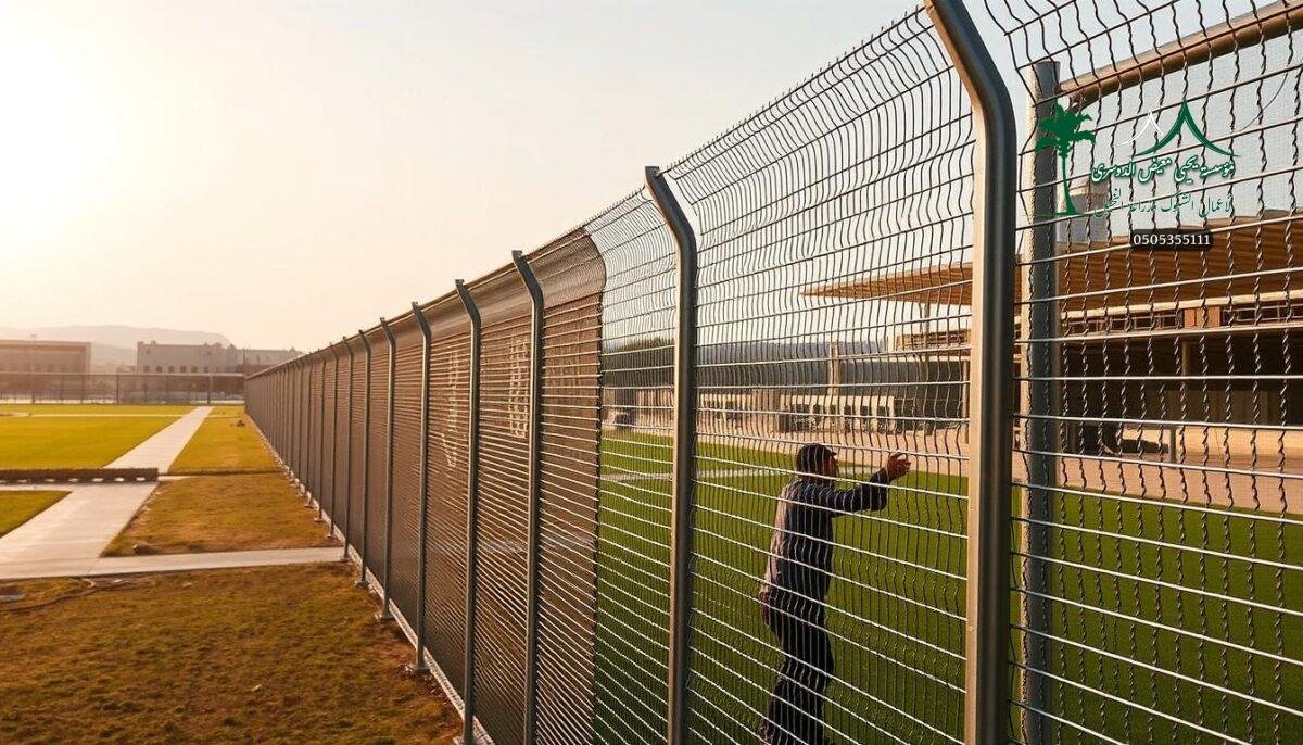 A sprawling sports complex in Taif, Saudi Arabia, where robust metal mesh fences line the perimeter, ensuring the safety and security of the athletic facilities. The fences, crafted with precision, stand tall and sturdy, their interlocking panels creating a seamless barrier against intrusion. Sunlight glints off the sleek, galvanized surfaces, casting a warm glow across the well-manicured grounds. In the foreground, workers carefully install the mesh, their movements synchronized as they secure each panel in place, meticulously crafting a durable and long-lasting solution for the sports facilities. The overall scene conveys a sense of quality, reliability, and an unwavering commitment to protecting the valuable recreational spaces within.