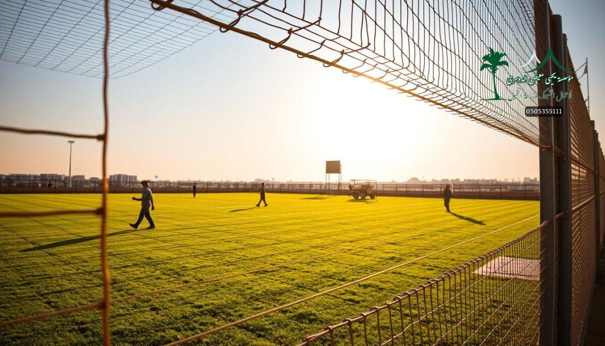 A sprawling sports field in Najran, Saudi Arabia, as workers install a sturdy, intricate metal mesh fence. The fence, known as "shobuk," creates a secure perimeter around the playing area, its interlocking wires and robust construction providing a durable barrier. The scene is bathed in warm, golden sunlight, casting long shadows across the freshly manicured grass. In the foreground, the fence's intricate pattern dominates, its sharp angles and clean lines a testament to the skilled craftsmanship of the installation team. In the middle ground, the field stretches out, ready to host a variety of athletic activities, while the distant background reveals the surrounding cityscape, hinting at the modern, urban setting.