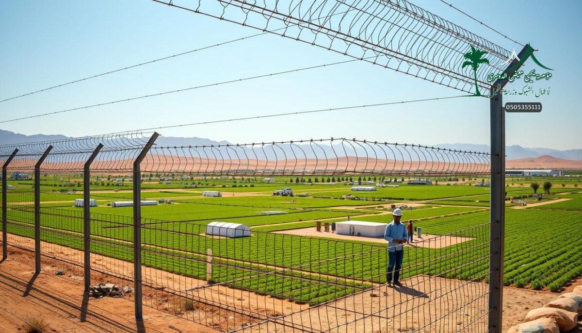 A sturdy, high-security fence in the heart of the Saudi Arabian countryside. The electric and barbed wire mesh stands tall, creating an impenetrable barrier against potential intruders. Sleek steel posts support the intricate lattice, their sharp edges gleaming under the warm desert sun. In the foreground, skilled workers meticulously install the fence, ensuring its strength and reliability. The middle ground reveals the expansive farmland, lush with greenery and dotted with modern agricultural structures. In the distance, the horizon is framed by rolling hills, hinting at the rugged beauty of the Bisha region. This fence represents both security and sustainability, a testament to the region's commitment to protecting its valuable assets.