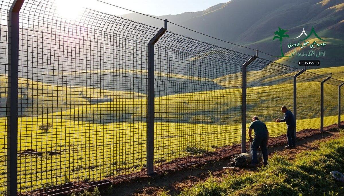 A sturdy, intricately woven metal mesh fence rises against the backdrop of lush, rolling hills. The fence, known as "شبوك حماية," casts long shadows as the sun's warm rays filter through its intricate lattice. Sleek steel posts anchor the fence, creating a seamless, modern aesthetic that blends harmoniously with the surrounding pastoral landscape. In the foreground, diligent workers meticulously install the fence, their movements precise and efficient, ensuring a secure and visually-appealing perimeter for the farm. The overall scene conveys a sense of strength, protection, and thoughtful design, perfectly suited to the needs of a modern agricultural setting in the heart of Abha.