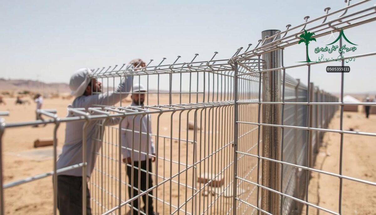 A sturdy steel mesh fence is being meticulously installed, its metallic sheen reflecting the bright desert sunlight. Skilled workers expertly weave the wire panels, creating a robust and durable barrier that will stand the test of time. The fence seamlessly blends form and function, offering superior security while maintaining an aesthetically pleasing appearance. In the background, the arid landscape of Saudi Arabia provides a rugged, yet beautiful, backdrop, emphasizing the fence's purpose of safeguarding homes and buildings against potential threats. The scene conveys a sense of quality craftsmanship and long-lasting protection, perfectly capturing the essence of the article's section on "Ensuring Quality and Longevity".