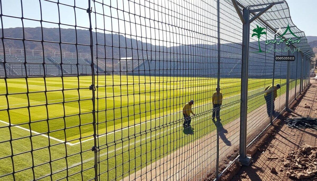 A sturdy, weatherproof metal mesh fence surrounding a well-maintained sports field in Abha, Saudi Arabia. The fence, constructed from robust galvanized steel, is designed to withstand the region's harsh environmental conditions, providing reliable security and safety for athletes and spectators. Sunlight filters through the intricate grid pattern, casting dynamic shadows across the playing surface. In the foreground, skilled workers carefully install the fence, ensuring a seamless and secure perimeter. The scene conveys a sense of modernity, functionality, and attention to detail that aligns with the vision for Abha's sports infrastructure in 2026.