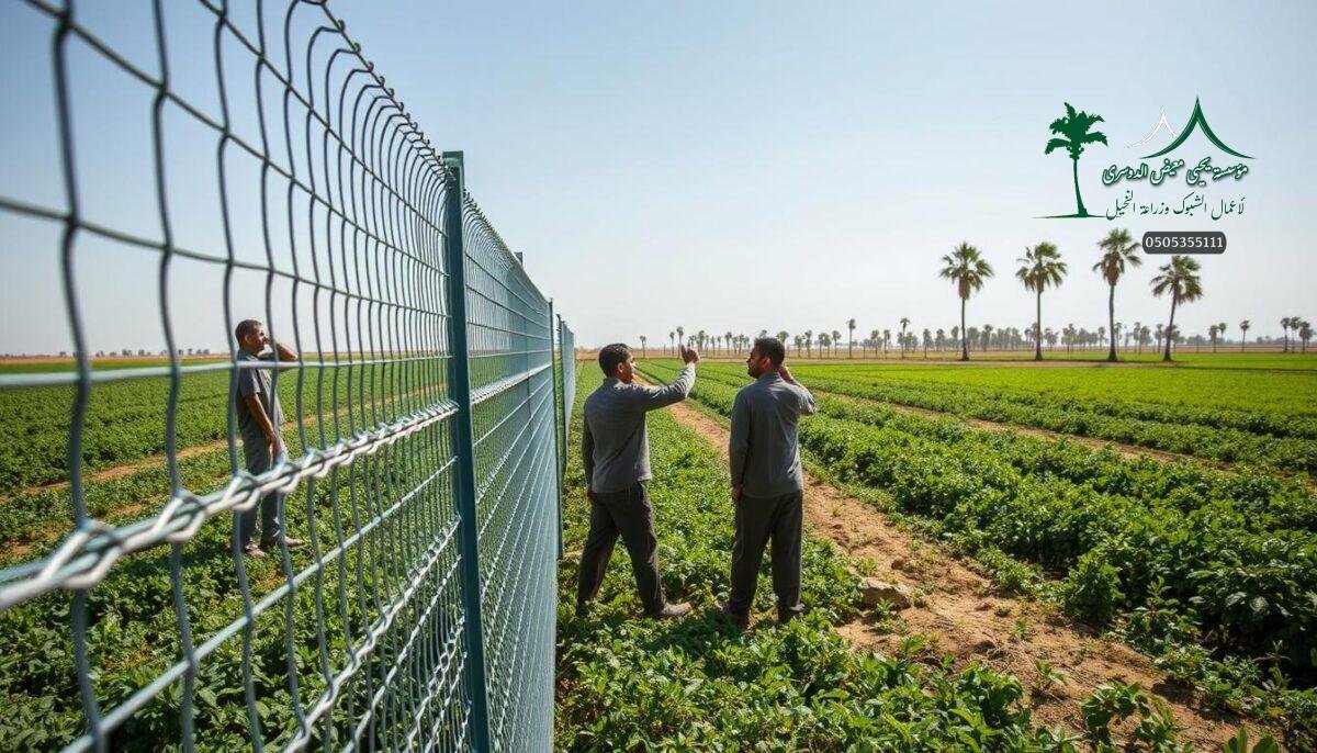 A sun-dappled landscape in Jazan, Saudi Arabia, 2026. In the foreground, a team of skilled workers meticulously install a robust, wind-resistant mesh fence, crafted from high-quality materials to withstand the region's intense heat and gusts. The sleek, modern design blends seamlessly with the lush, verdant farmland, creating a harmonious interplay of function and aesthetics. The middle ground showcases the fence's sturdy construction, its intersecting metal bars forming a sturdy grid that promises security and durability. In the background, a distant horizon of towering palm trees sways gently, framing the scene with a touch of tranquility. A study in resilience and innovation, this image captures the essence of Jazan's evolving agricultural landscape.