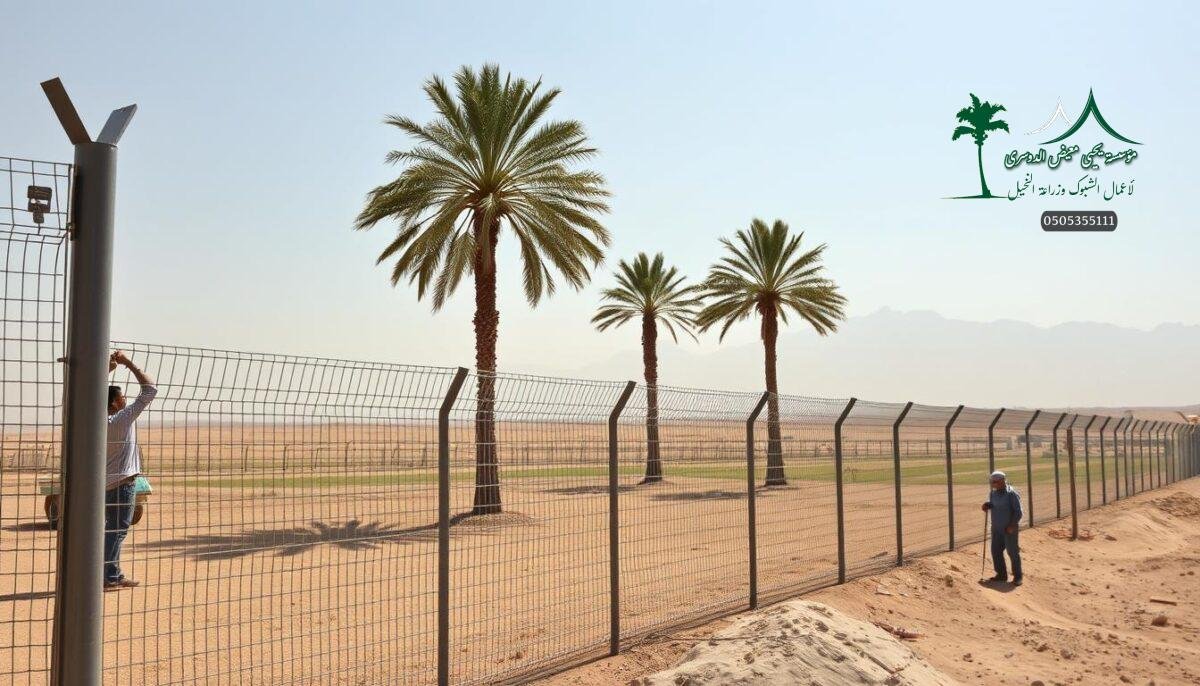 A sun-drenched scene in the arid landscape of Jazan, Saudi Arabia. In the foreground, skilled workers deftly install a sturdy metal mesh fence, crafted to withstand the region's fierce winds and searing temperatures. The fence stretches across a modern farm, its sleek design blending seamlessly with the rugged terrain. In the middle ground, towering palm trees sway gently, casting soft shadows on the dusty ground. The background is dominated by a hazy mountain range, its peaks shimmering in the hazy light. The overall atmosphere is one of resilience and adaptability, as this essential infrastructure project takes shape to protect the vital agricultural resources of the region.