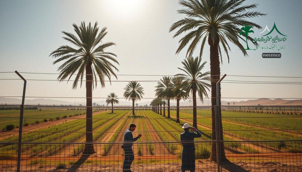 A sweeping vista of a modern Saudi Arabian farm, its lush fields and orchards protected by a meticulously installed security fence. In the foreground, skilled workers carefully weave a sturdy metal mesh, crafting a robust barrier against the elements. The scene is bathed in warm, golden light, casting a tranquil glow over the pastoral landscape. Towering palm trees sway gently in the breeze, framing the hardworking team as they contribute to the farm's resilience. The intricate fencing system, designed to withstand the region's harsh weather conditions, stands as a testament to the ingenuity and dedication of the local construction team.