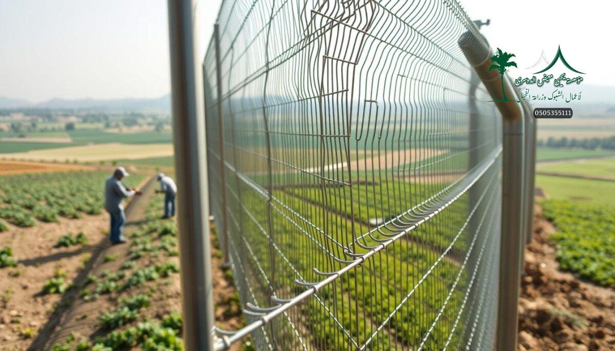 A vast expanse of a modern agricultural landscape in Alkhobar, Saudi Arabia. In the foreground, a team of skilled workers expertly install a sturdy metal mesh fence, its intricate woven pattern casting dynamic shadows. The middle ground showcases the fence's robust construction, with sturdy vertical posts and horizontal rails seamlessly integrated. In the background, a panoramic view of the farmland unfolds, lush greenery and rolling hills setting the scene. The lighting is soft and diffused, highlighting the fence's metallic sheen and the workers' diligence. This scene conveys the durability and long-lasting performance of the fences used in Alkhobar's farms, a testament to the region's commitment to secure and sustainable agricultural practices.
