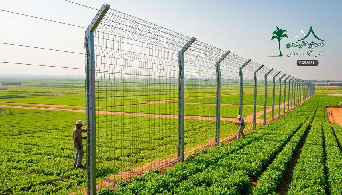 A vast expanse of fertile farmland in Buraydah, Saudi Arabia, with sturdy, gleaming metal fences dotting the landscape. The fences, known as "shabuk," stand tall and proud, their intricate mesh patterns reflecting the sunlight. In the foreground, skilled workers carefully install the fences, their movements precise and efficient. The middle ground showcases the fences' impressive height and robust construction, while the background reveals the lush, verdant fields that they protect. The scene conveys a sense of security, modernity, and the importance of these fences in safeguarding the agricultural heartland of the Qassim region.