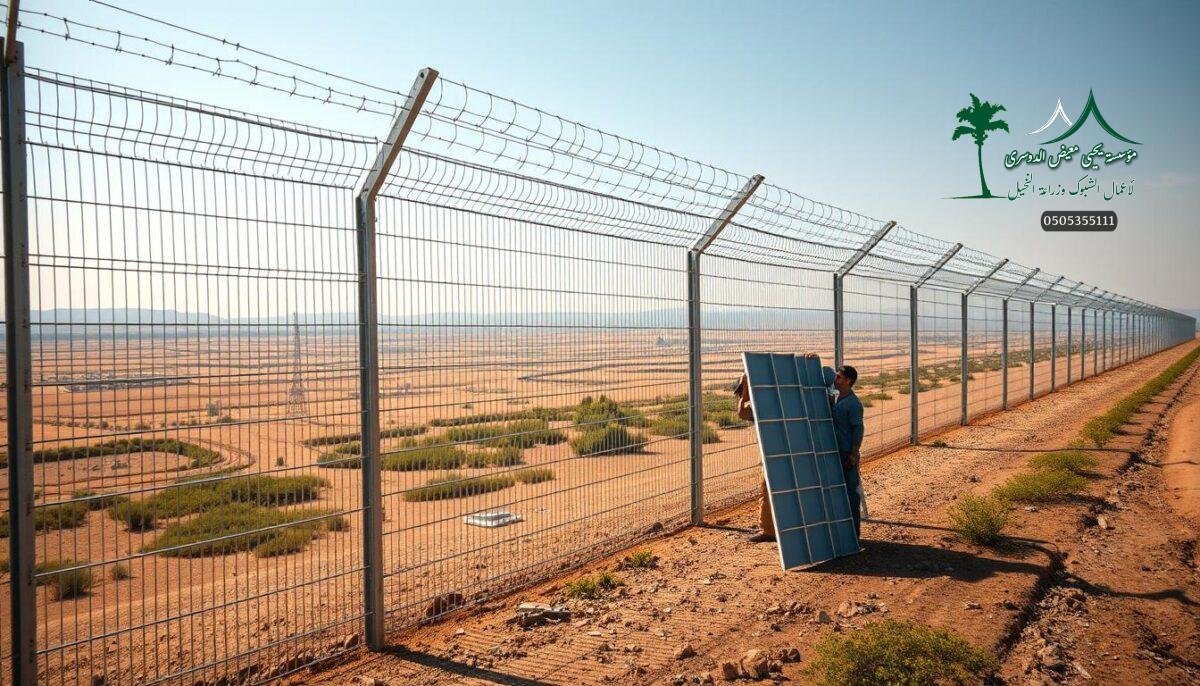 A vast expanse of industrial fencing spanning the horizon, the intricate mesh of galvanized steel glimmering in the warm sun. Robust metal poles rise from the earth, their tops adorned with barbed wire, creating an imposing yet functional barrier. In the foreground, skilled technicians carefully install the state-of-the-art electric fence panels, their movements precise and methodical. The Jubail landscape serves as a fitting backdrop, its rolling hills and lush vegetation a testament to the region's environmental efforts. An air of modernity and technological advancement pervades the scene, as this cutting-edge security solution ushers in a new era of safety and protection for the industrial heartland of Saudi Arabia.