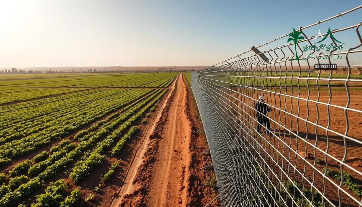 A vast expanse of lush farmland in Makkah, Saudi Arabia, where a team of skilled workers meticulously install a state-of-the-art security fence system. The gleaming metal mesh panels stretch across the horizon, creating a seamless barrier that blends harmoniously with the serene landscape. Sunlight filters through the intricate grid, casting dynamic shadows that dance across the ground. The scene exudes a sense of modern efficiency and unwavering protection, showcasing the region's commitment to safeguarding its valuable agricultural assets. A testament to the region's dedication to innovation and security, this scene encapsulates the importance of sturdy fencing solutions in the bustling heart of Makkah.