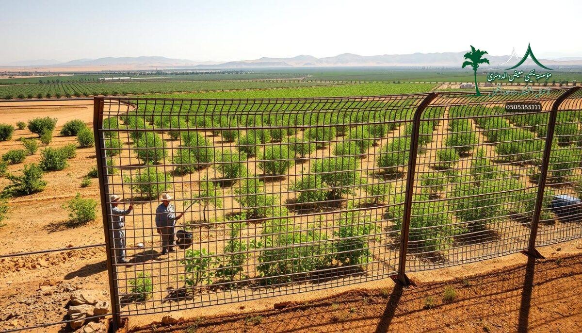 A vast expanse of lush farmland in the Jawf region of Saudi Arabia. In the foreground, a team of skilled workers diligently install a sturdy metal mesh fence, its intricate pattern a testament to its strength and durability. The fence stretches across the middle ground, guarding the thriving crops and orchards beyond. Sunlight filters through the mesh, casting gentle shadows and creating a warm, inviting atmosphere. In the background, the rolling hills and cloudless sky provide a serene natural backdrop, underscoring the importance of these security fences in protecting the region's vital agricultural assets. A scene of modern, weather-resistant farm infrastructure seamlessly integrated with the breathtaking Jawf landscape.