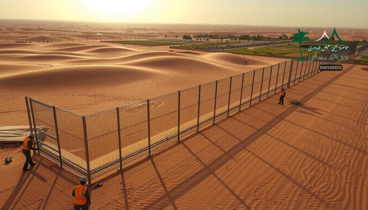 A vast expanse of sand, where a team of skilled workers meticulously installs a robust metal mesh fence. The scene captures the essence of modern security fencing in Saudi Arabia, with the Khober sun casting long shadows across the landscape. In the foreground, the workers diligently secure each panel, their movements precise and efficient. The middle ground showcases the sleek, angular fence design, blending seamlessly with the surrounding environment. In the distance, the horizon is dotted with lush greenery, hinting at the thriving agricultural and sports facilities that this fence will help protect. The overall atmosphere radiates a sense of order, safety, and technological prowess.