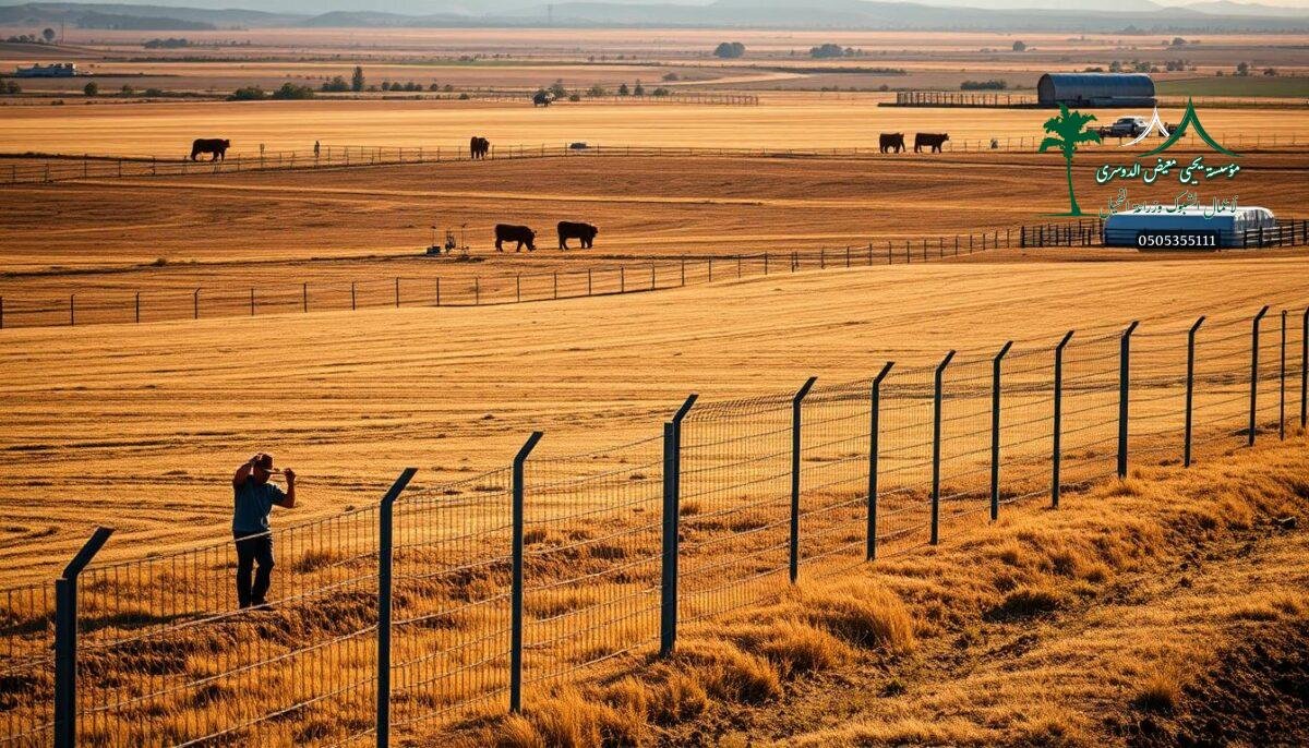 A vast, open field stretches out, dotted with a variety of sturdy, modern farm fences. In the foreground, workers carefully install sleek, heavy-duty metal mesh, creating a secure perimeter for the property. The fence panels seamlessly blend into the landscape, their neutral tones complementing the earthy hues of the surrounding environment. In the middle ground, different fence designs are visible, showcasing the range of options suitable for this agricultural setting. The scene is bathed in warm, golden light, lending a sense of quality and craftsmanship to the fencing solutions. The overall atmosphere conveys a feeling of safety, durability, and harmonious integration with the rural setting.