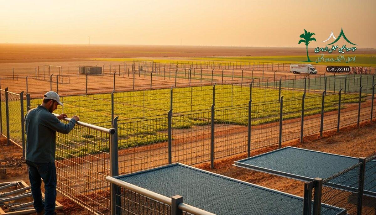 A vibrant rural scene in the Al-Ahsa region of Saudi Arabia, showcasing an array of high-quality, competitively priced farm fences. In the foreground, skilled workers meticulously install sleek metal mesh panels, their movements captured in a crisp, documentary-style aesthetic. The middle ground features a diverse assortment of modern fencing solutions, ranging from sturdy security barriers to elegant sports enclosures, all bathed in warm, golden light. In the distant background, a lush, verdant landscape stretches out, hinting at the agricultural promise of the region. The overall atmosphere conveys a sense of progress, efficiency, and the commitment to providing exceptional fencing products to the local community.