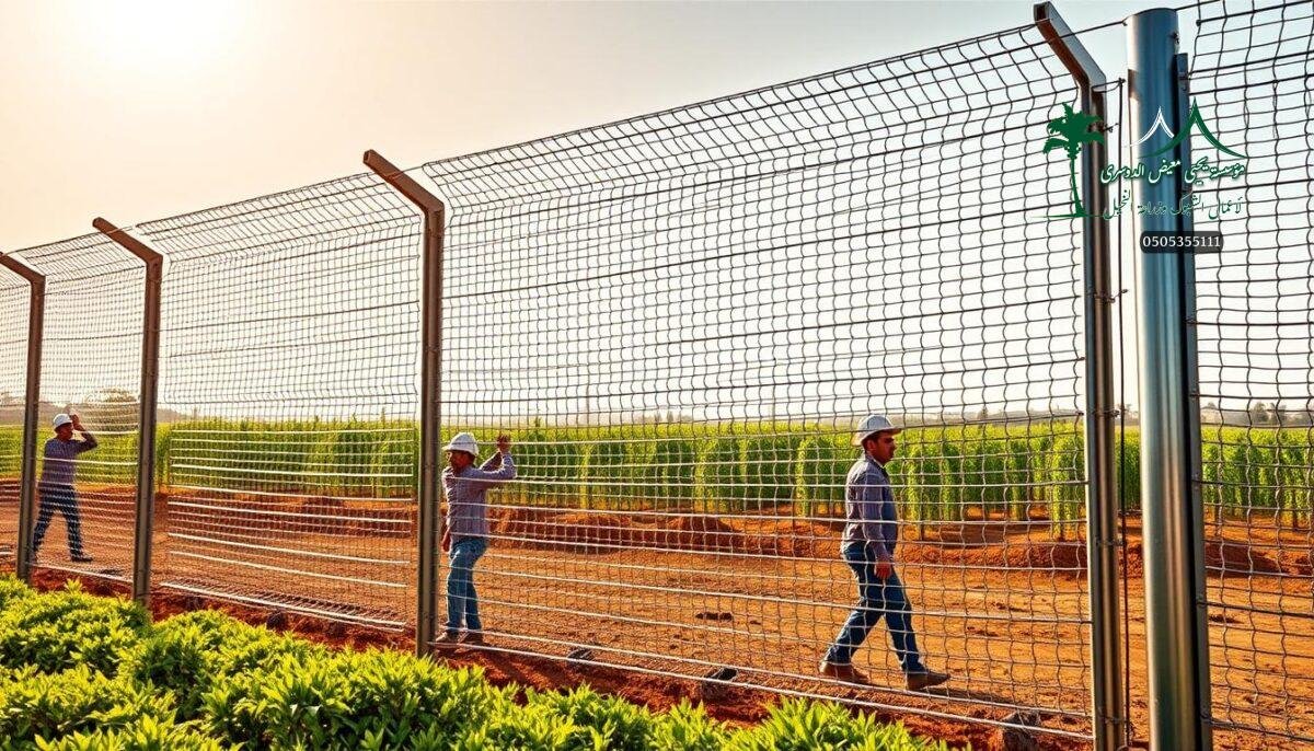A well-crafted and durable metal mesh fence glistens in the warm Jazan sun, its intricate lattice pattern offering robust security for the modern Saudi farm. Sturdy steel posts anchor the barrier, their polished surfaces reflecting the vibrant hues of the lush surrounding landscape. In the foreground, skilled workers methodically install the fence, their movements precise and purposeful, ensuring a seamless integration with the existing infrastructure. The scene exudes a sense of reliability and fortitude, capturing the essence of the region's resilience against the punishing environmental conditions. A wide-angle lens captures the scale and grandeur of the installation, conveying the meticulous attention to detail and engineering that defines the fencing solutions of Jazan's agricultural future.