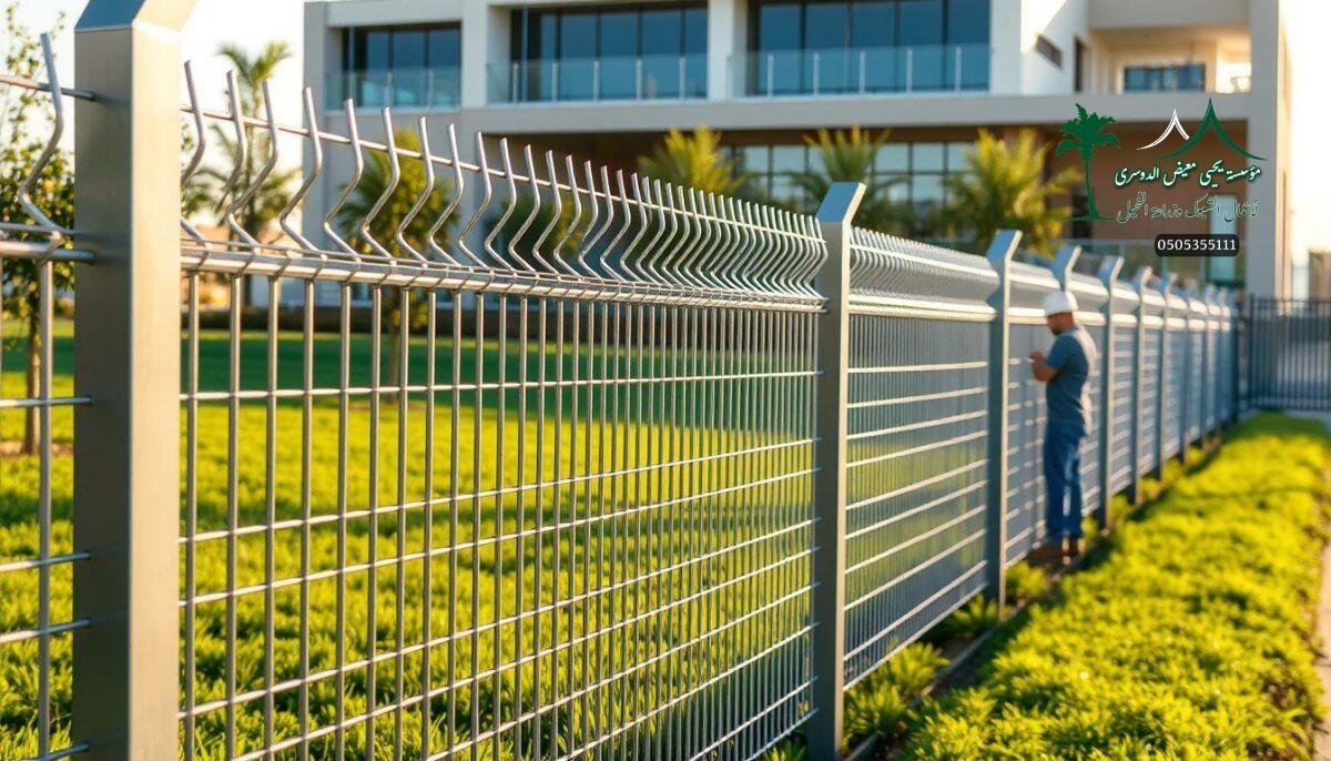 A well-crafted and sturdy galvanized steel mesh fence, its sleek metal bars glinting in the warm sunlight. The fence stretches across a verdant landscape, its utilitarian yet elegant design blending seamlessly with the modern architecture in the background. Skilled workers carefully install the fence, their movements precise and efficient, ensuring a secure and visually appealing perimeter. The scene exudes a sense of safety and sophistication, perfectly capturing the essence of contemporary fencing solutions in Saudi Arabia.