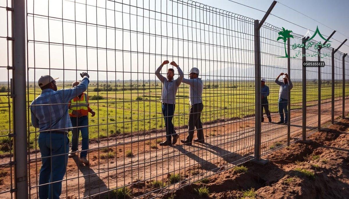 A well-crafted farm fence installation scene in Bisha, Saudi Arabia. A team of skilled workers meticulously assembling sturdy metal mesh panels, interlocking them to create a secure perimeter. Sunlight filters through the framework, casting dynamic shadows across the ground. The fence's sleek, modern design blends seamlessly with the lush greenery of the surrounding farmland. Attention to detail is paramount, ensuring the longevity and visual appeal of this practical yet aesthetically pleasing security solution. A harmonious interplay of functionality and artistry, capturing the essence of 2026 farm fencing in the region.