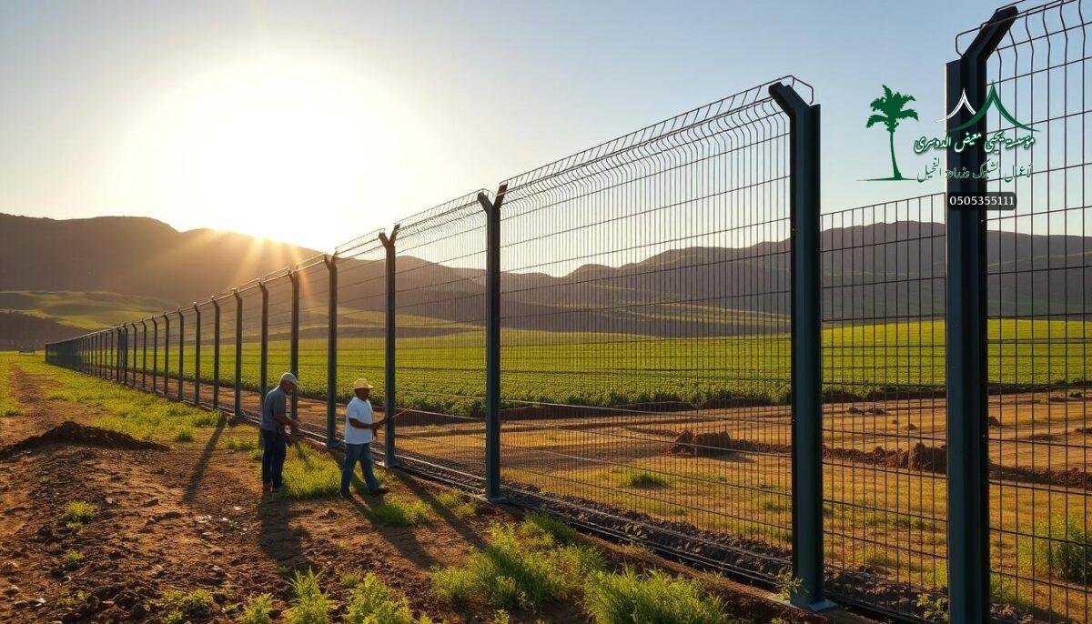 A well-crafted, high-quality security fence for a modern Saudi Arabian farm, featuring sturdy metal mesh panels seamlessly integrated into the landscape. The fence stands tall and imposing, casting long shadows as the sun casts a warm glow across the scene. In the foreground, skilled workers meticulously install the fencing, their tools and protective equipment visible as they ensure a secure and professional finish. The middle ground showcases the fence's sleek design, with clean lines and a minimalist aesthetic that complements the rustic surroundings. In the background, lush greenery and the rolling hills of the Saudi countryside create a picturesque setting, emphasizing the fence's purpose of safeguarding the valuable agricultural assets within.