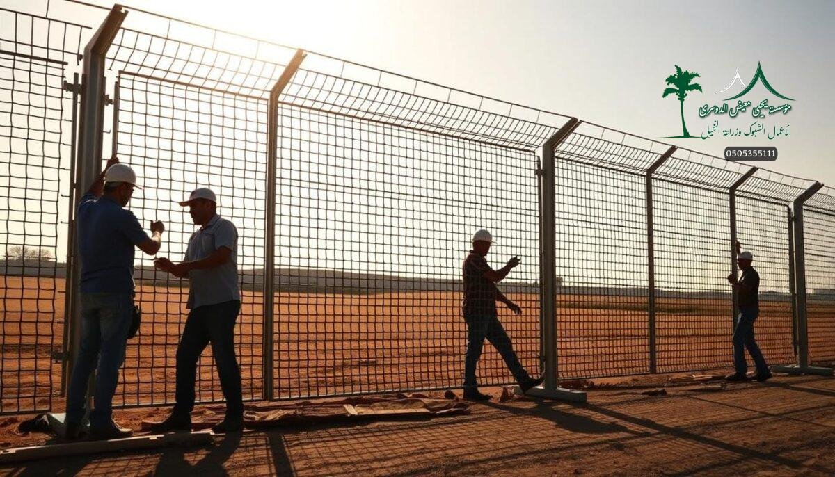 A well-crafted metal fence glistens in the warm Saudi sun, its galvanized steel mesh panels interlocked with sturdy galvanized posts. The fencing seamlessly blends form and function, offering robust security for modern farmlands and sports facilities. The intricate mesh pattern creates a visually captivating, yet practical barrier, protecting against unwanted intrusions. Skilled workers carefully install the fence, their silhouettes casting shadows on the ground as they meticulously align each component. The scene exudes a sense of strength, durability, and attention to detail, perfectly encapsulating the design philosophy of this corrosion-resistant, long-lasting fencing solution.