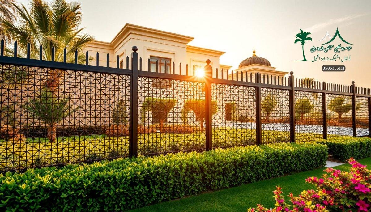 A well-crafted metal mesh fence adorns the lush grounds of a grand villa in Makkah, expertly installed by skilled technicians. The sleek, minimalist design seamlessly blends form and function, offering both security and aesthetic appeal. Warm, golden sunlight filters through the intricate lattice, casting gentle shadows across the pristine landscaping. Manicured hedges and vibrant flora frame the scene, creating a harmonious and inviting atmosphere. The resulting image showcases the meticulous attention to detail and the unwavering commitment to craftsmanship that defines the projects executed by the Yahya Muayyid Al-Dosari Establishment in the holy city of Makkah.