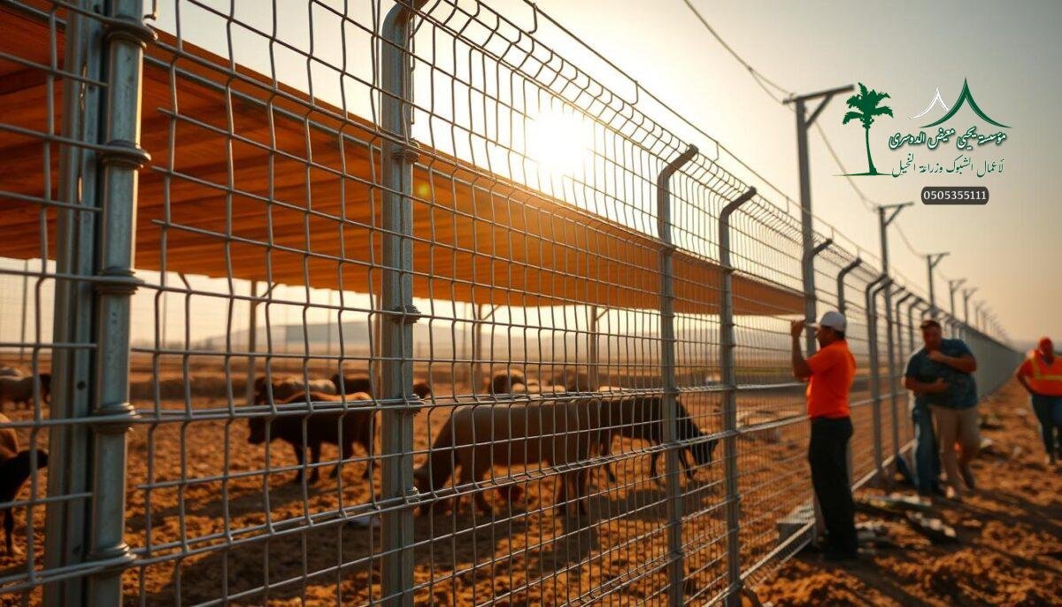 A well-crafted metal mesh fence being skillfully installed by a team of workers on a modern Saudi Arabian farm. The sturdy, high-quality galvanized steel wire mesh panels, securely interlocked and anchored, radiate an aura of durability and reliability. Sunlight filters through the intricate pattern, casting a warm, inviting glow across the scene. Precise attention to detail and expert workmanship are evident, reflecting the fence's long-lasting strength and performance. The installation process unfolds with practiced efficiency, a testament to the fence's quality construction and the crew's expertise.